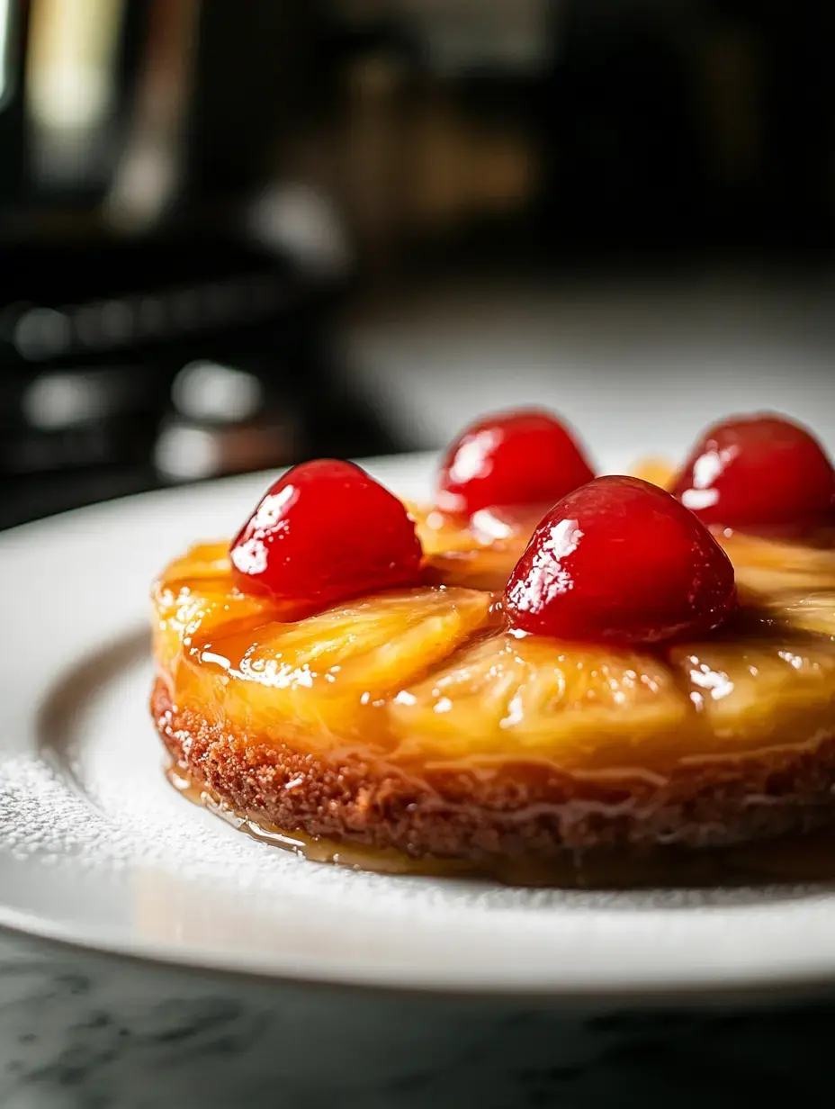 A close-up of a glazed pineapple upside-down cake topped with red cherries on a white plate.