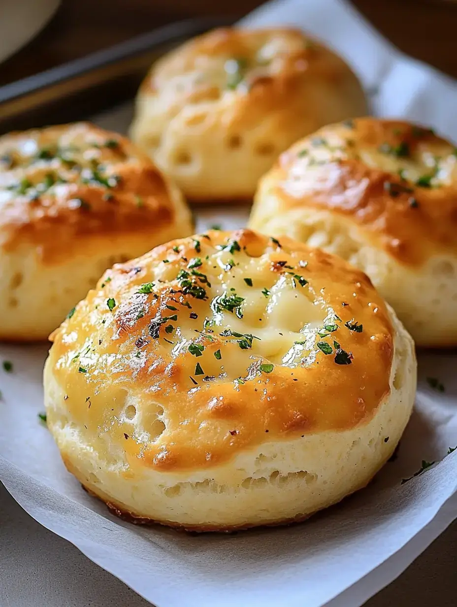 Four golden-brown, cheesy biscuits topped with chopped herbs are displayed on a piece of parchment paper.