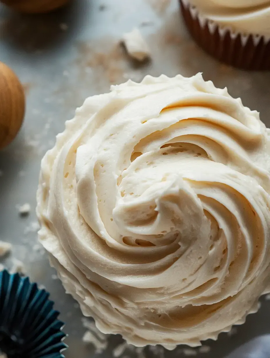 A beautifully swirled vanilla cupcake topped with creamy frosting, surrounded by a colorful cupcake liner and some crumbs.