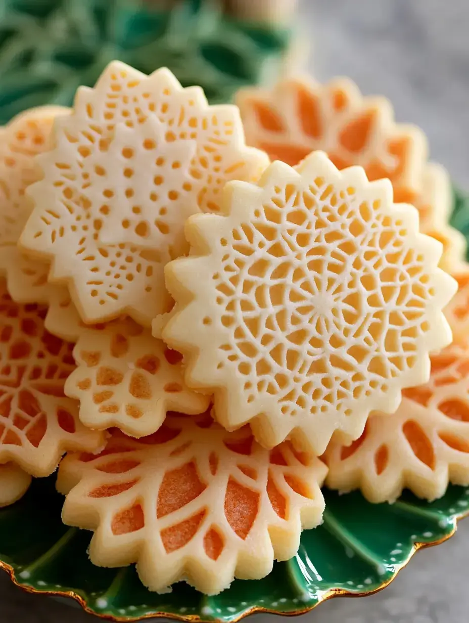 A collection of intricately designed cookies in various leaf shapes, resting on a green decorative plate.