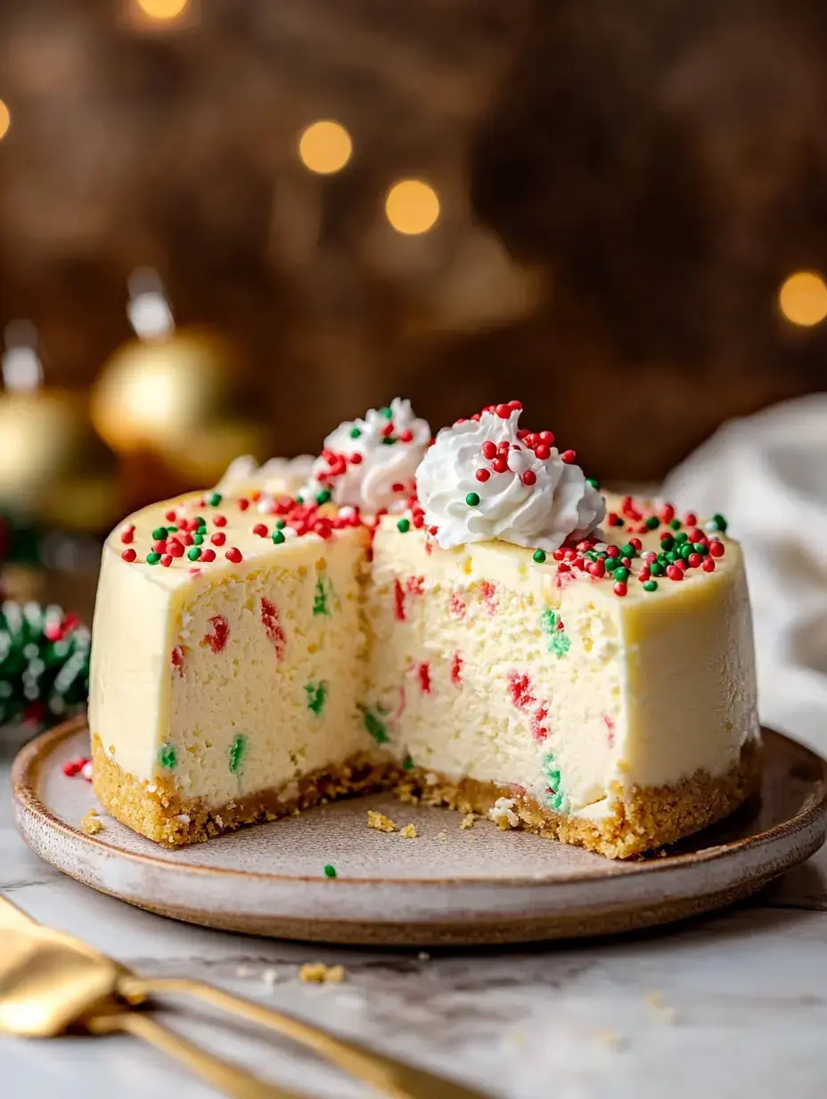 A festive cheesecake decorated with red and green sprinkles and whipped cream sits on a plate, with a slice cut out to reveal its creamy interior.