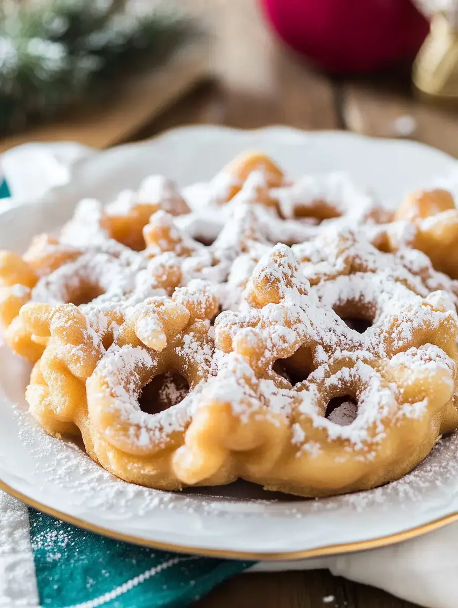 A plate of funnel cake dusted with powdered sugar, placed on a wooden table with festive decorations in the background.