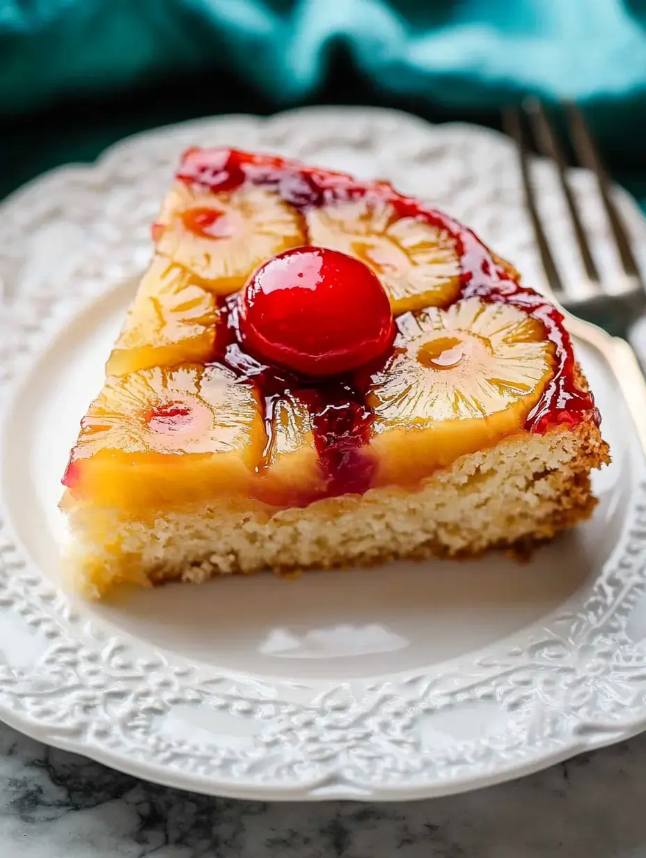 A slice of pineapple upside-down cake topped with a cherry is served on an ornate white plate.