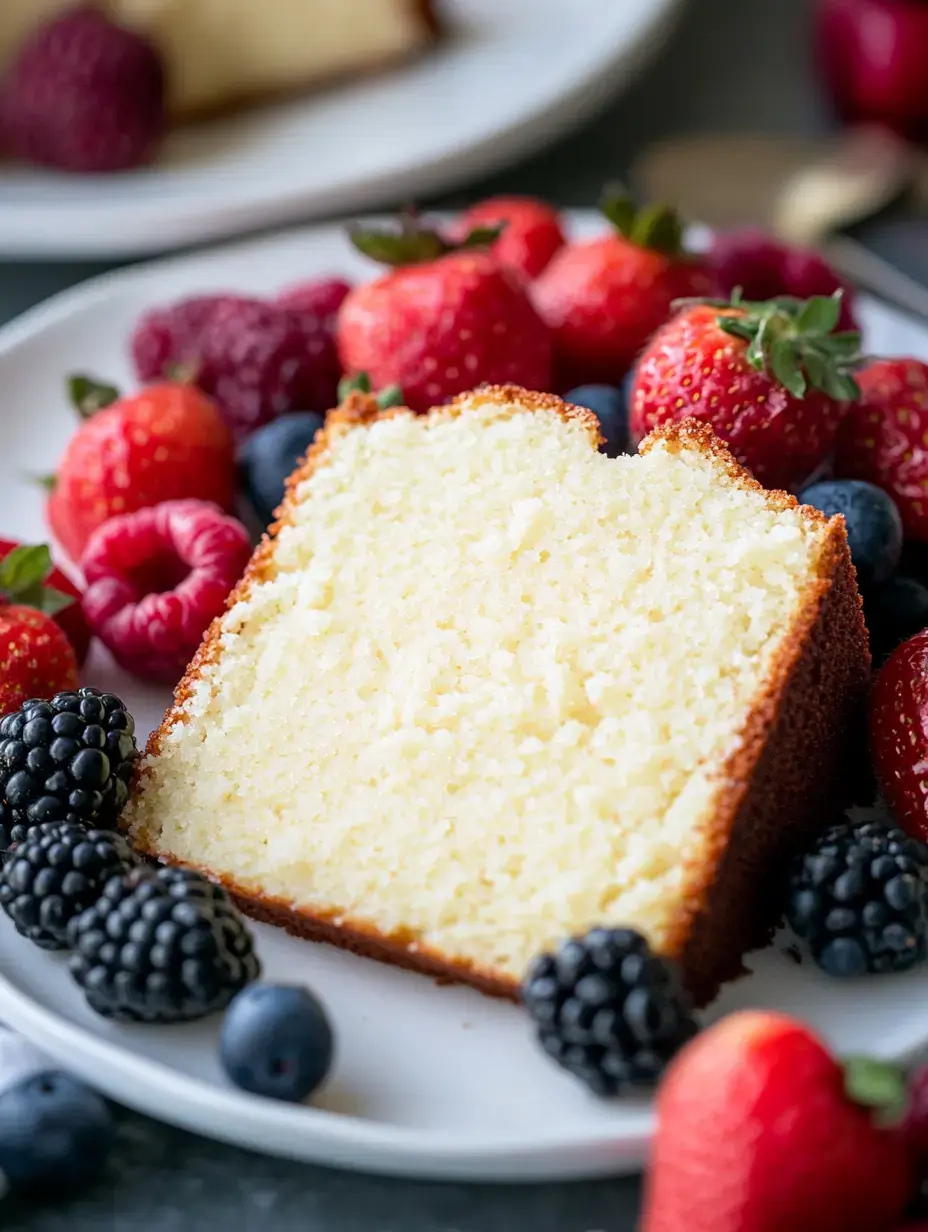 A slice of golden cake is surrounded by a colorful variety of fresh berries, including strawberries, raspberries, blueberries, and blackberries, on a white plate.