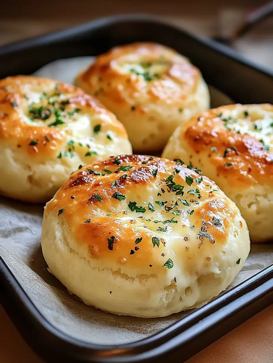 A tray of four golden-brown, cheesy biscuits topped with parsley.