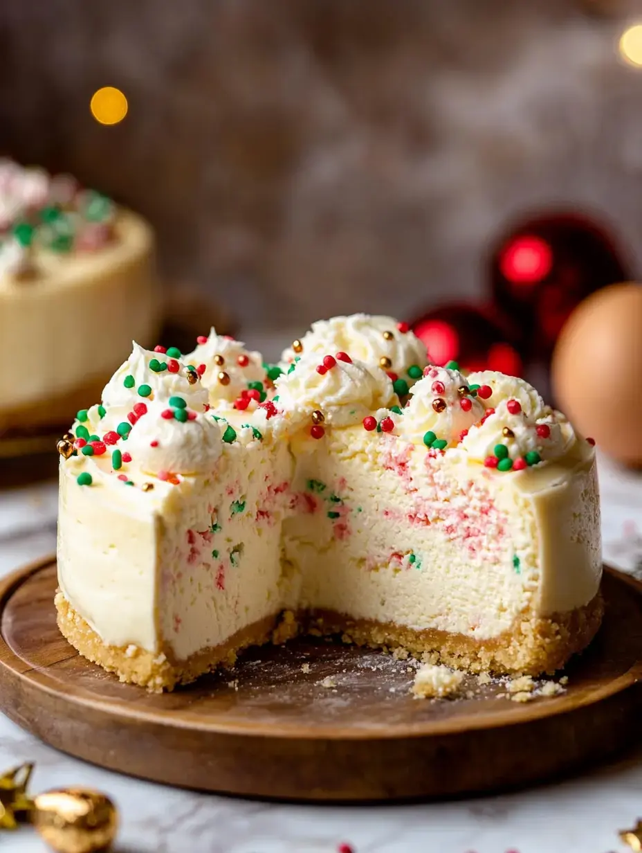 A festive cheesecake with colorful sprinkles and whipped cream has a slice removed, resting on a wooden plate.