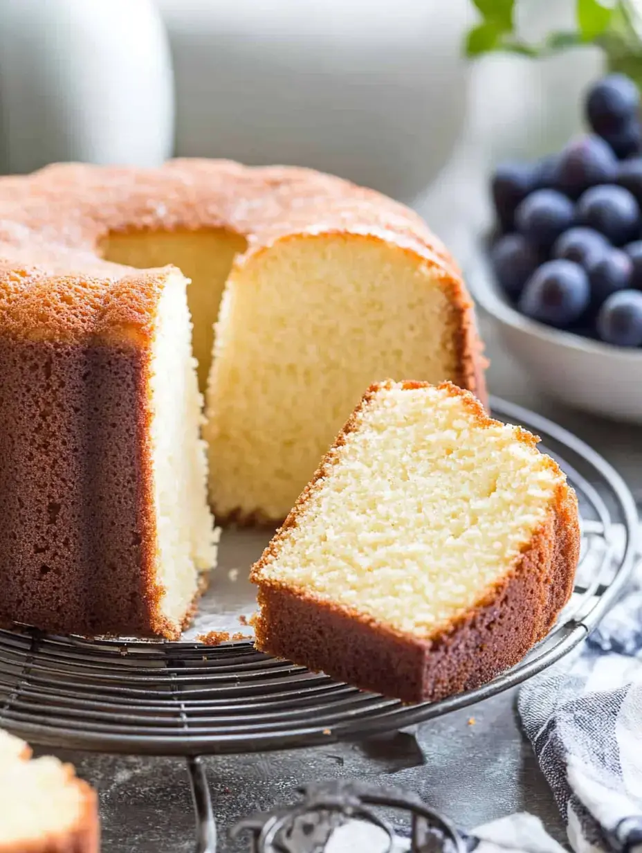 A freshly baked pound cake with a slice cut out, displayed on a wire rack alongside a bowl of blueberries.