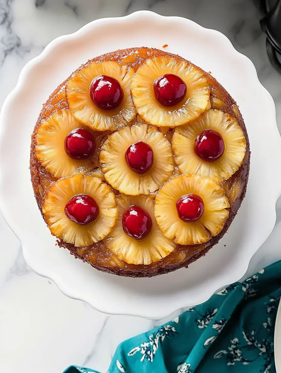 A round pineapple upside-down cake topped with pineapple rings and maraschino cherries, displayed on a white plate.