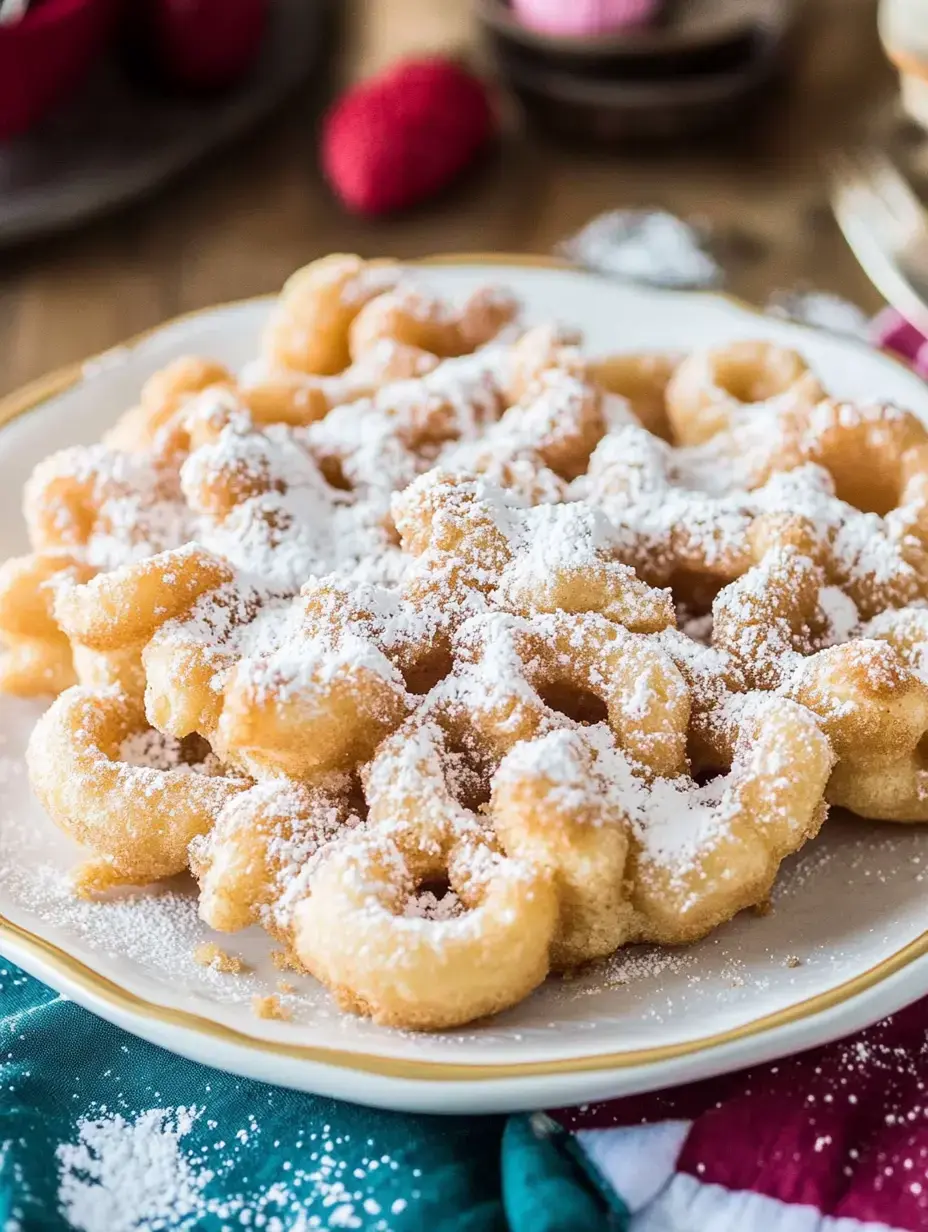 A plate of freshly made funnel cake dusted with powdered sugar, surrounded by strawberries and colorful tableware.