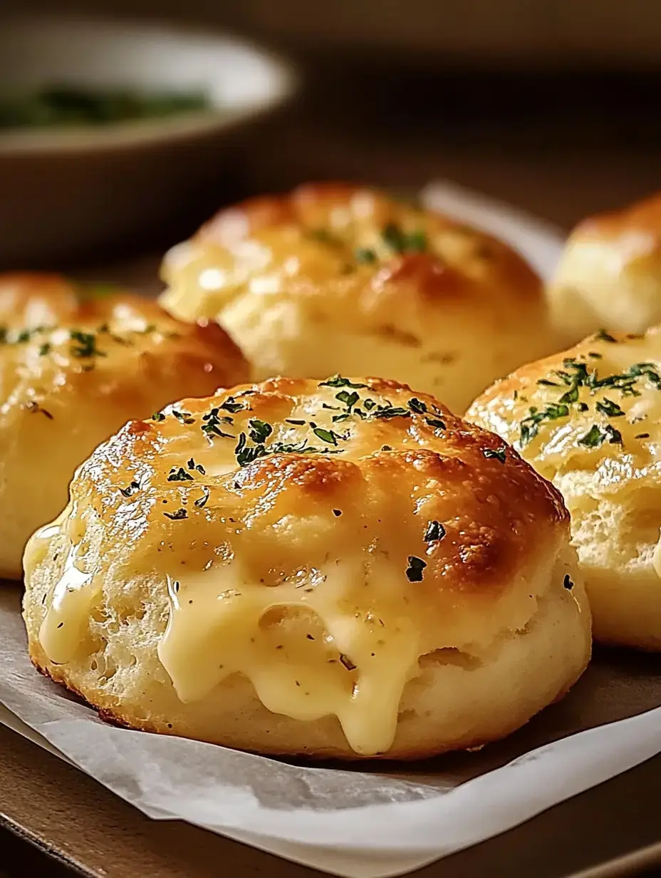 A close-up of golden, cheesy bread rolls sprinkled with green herbs on a parchment-lined plate.