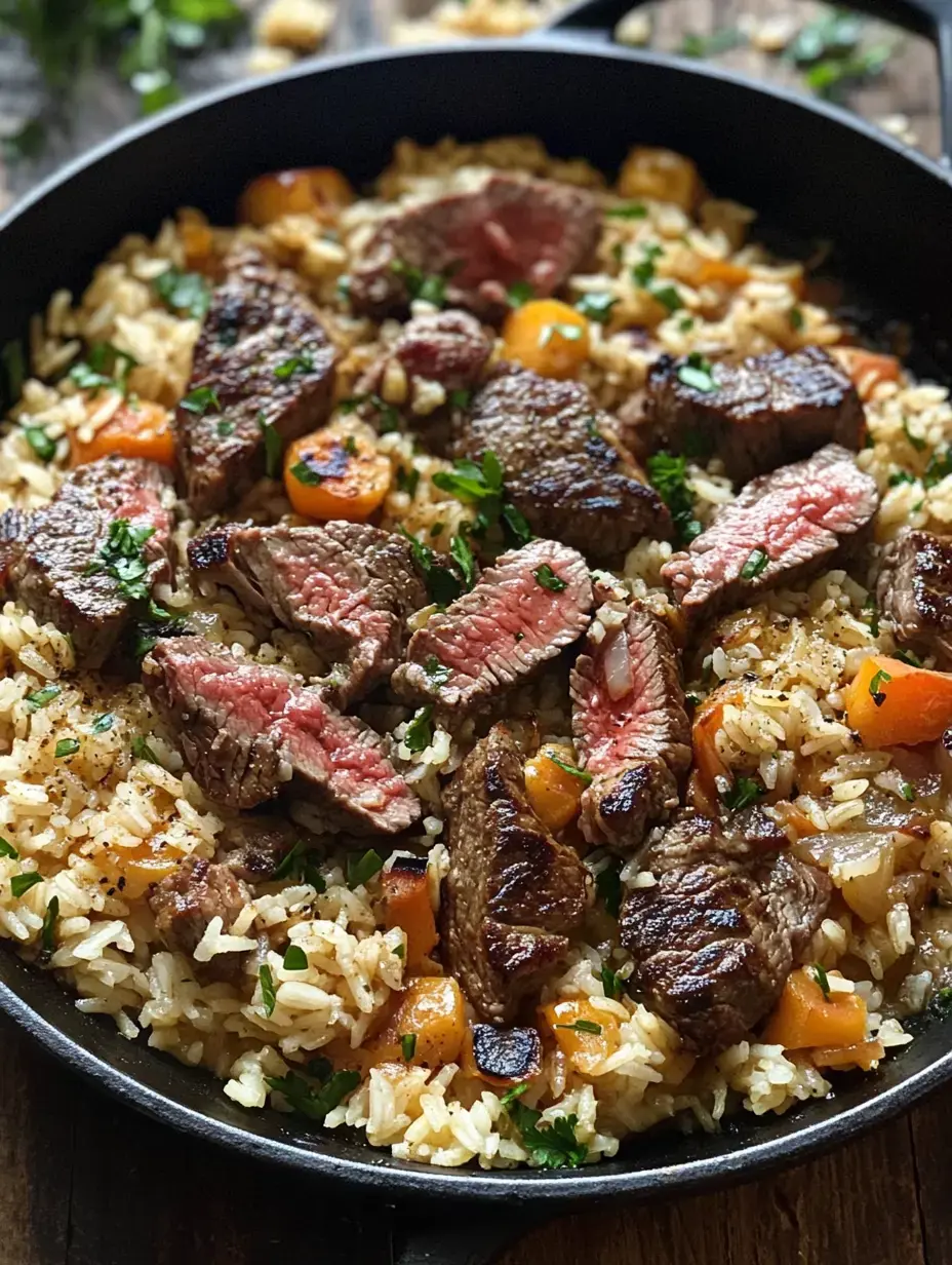 A skillet filled with perfectly cooked steak pieces mixed with rice and diced bell peppers, garnished with fresh parsley.