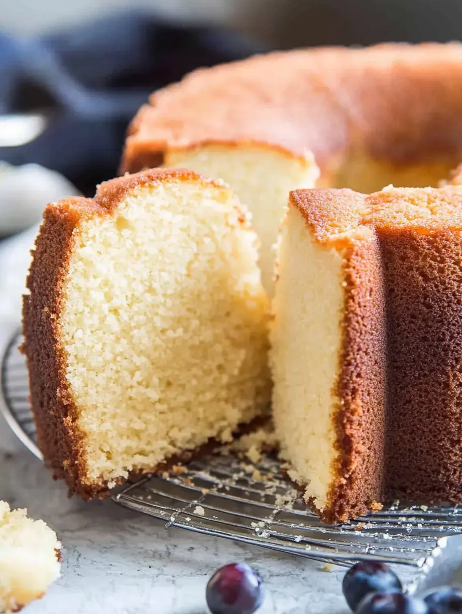 A sliced bundt cake with a golden brown crust and soft, fluffy interior is displayed on a wire rack, accompanied by a few blueberries.