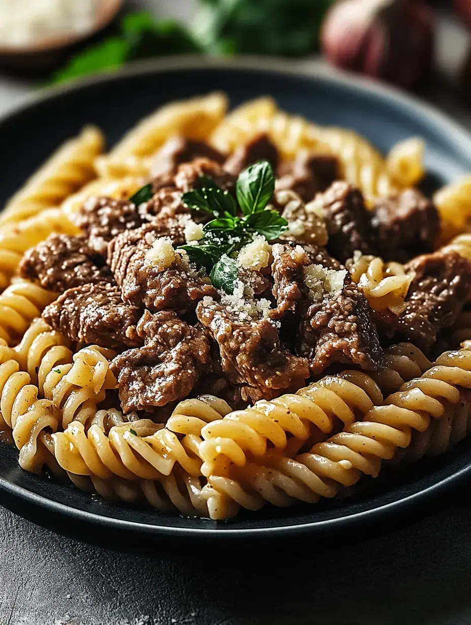 A plate of rotini pasta topped with beef chunks, garnished with fresh basil and grated cheese.