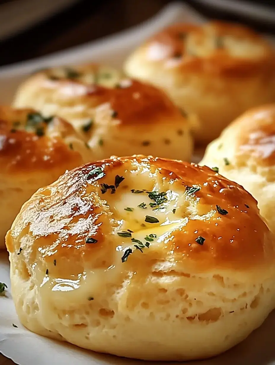 A close-up of freshly baked, golden-brown biscuits topped with melted cheese and sprinkled with herbs.