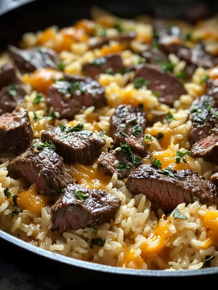 A skillet filled with tender pieces of beef over a bed of fluffy rice, garnished with melted cheese and chopped herbs.