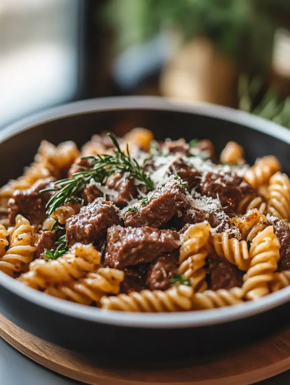 A bowl of pasta with tender beef chunks, garnished with rosemary and grated cheese.