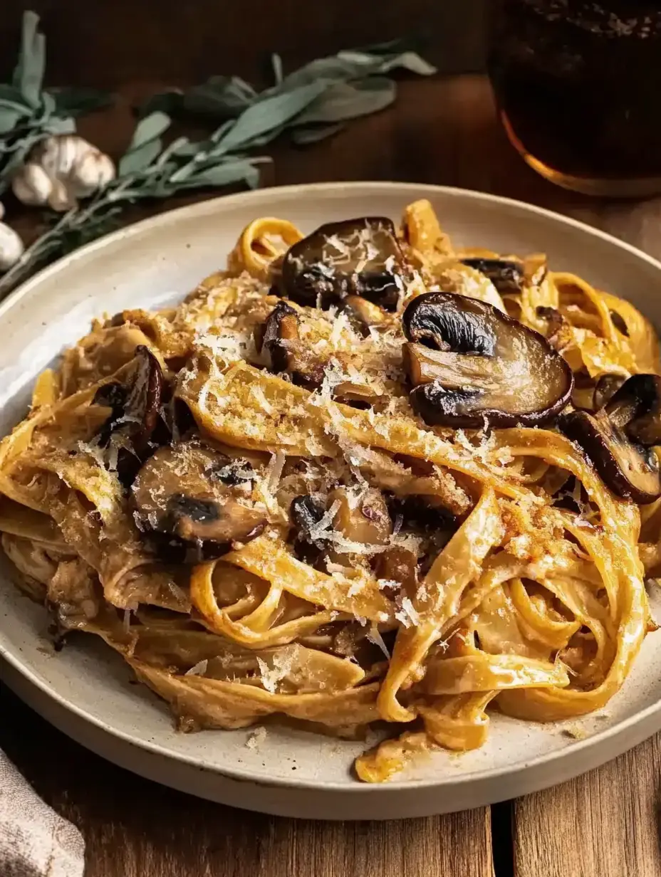 A bowl of creamy fettuccine pasta topped with sautéed mushrooms and grated cheese, surrounded by garlic and herbs on a wooden table.