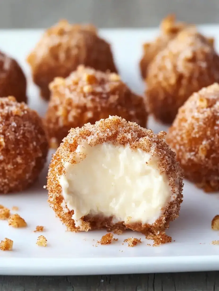 A close-up of a creamy dessert ball with a bite taken out, showcasing its interior filling, surrounded by similar coated balls on a white plate.