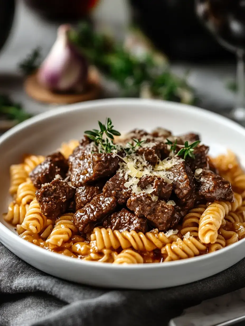 A plate of spiral pasta topped with tender beef chunks, grated cheese, and fresh thyme.