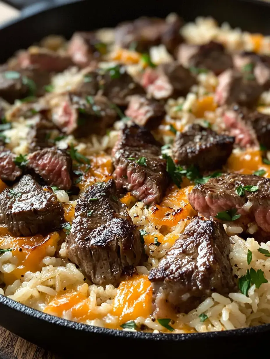 A skillet filled with tender, seared steak pieces atop a bed of cheesy rice, garnished with fresh herbs.