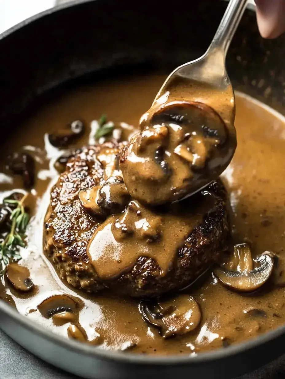 A spoonful of savory mushroom gravy is being poured over a juicy hamburger patty in a dark sauce.