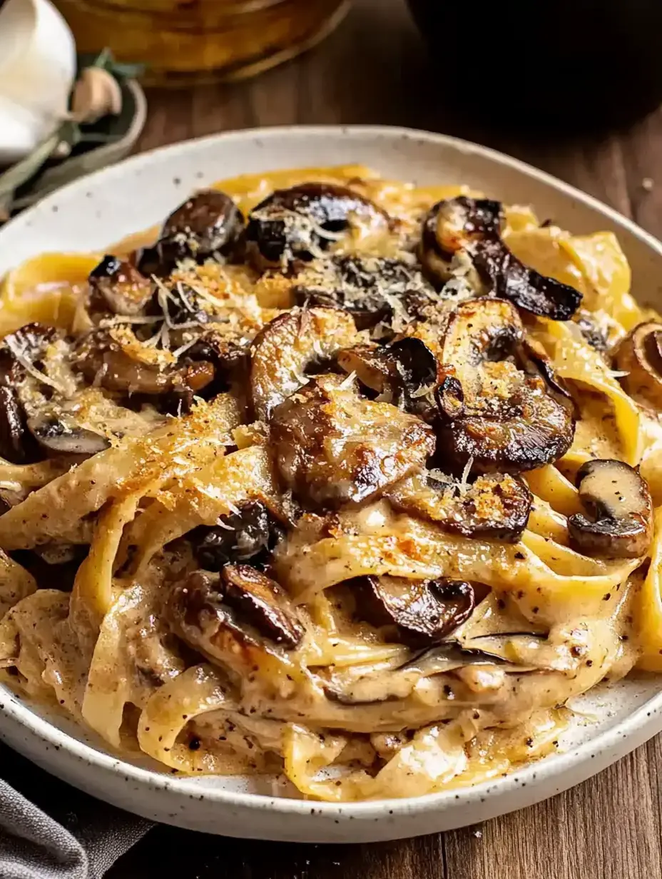 A plate of creamy fettuccine pasta topped with sautéed mushrooms and grated cheese.