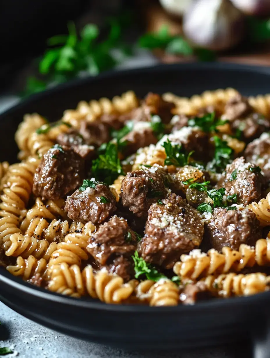 A serving of spiral pasta topped with tender beef pieces and garnished with parsley and grated cheese in a dark bowl.