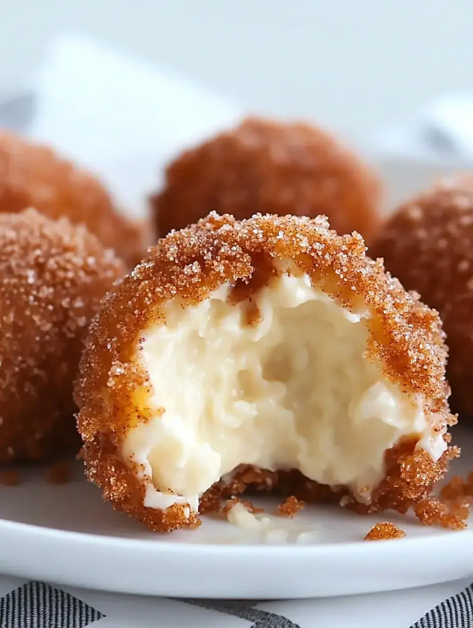 A close-up of a sugared dessert ball with a bite taken out, revealing a creamy filling inside.