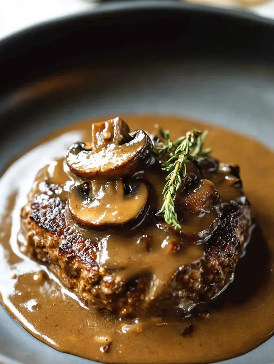 A juicy beef patty topped with sliced mushrooms and a rich brown gravy, garnished with a sprig of thyme, served on a dark plate.