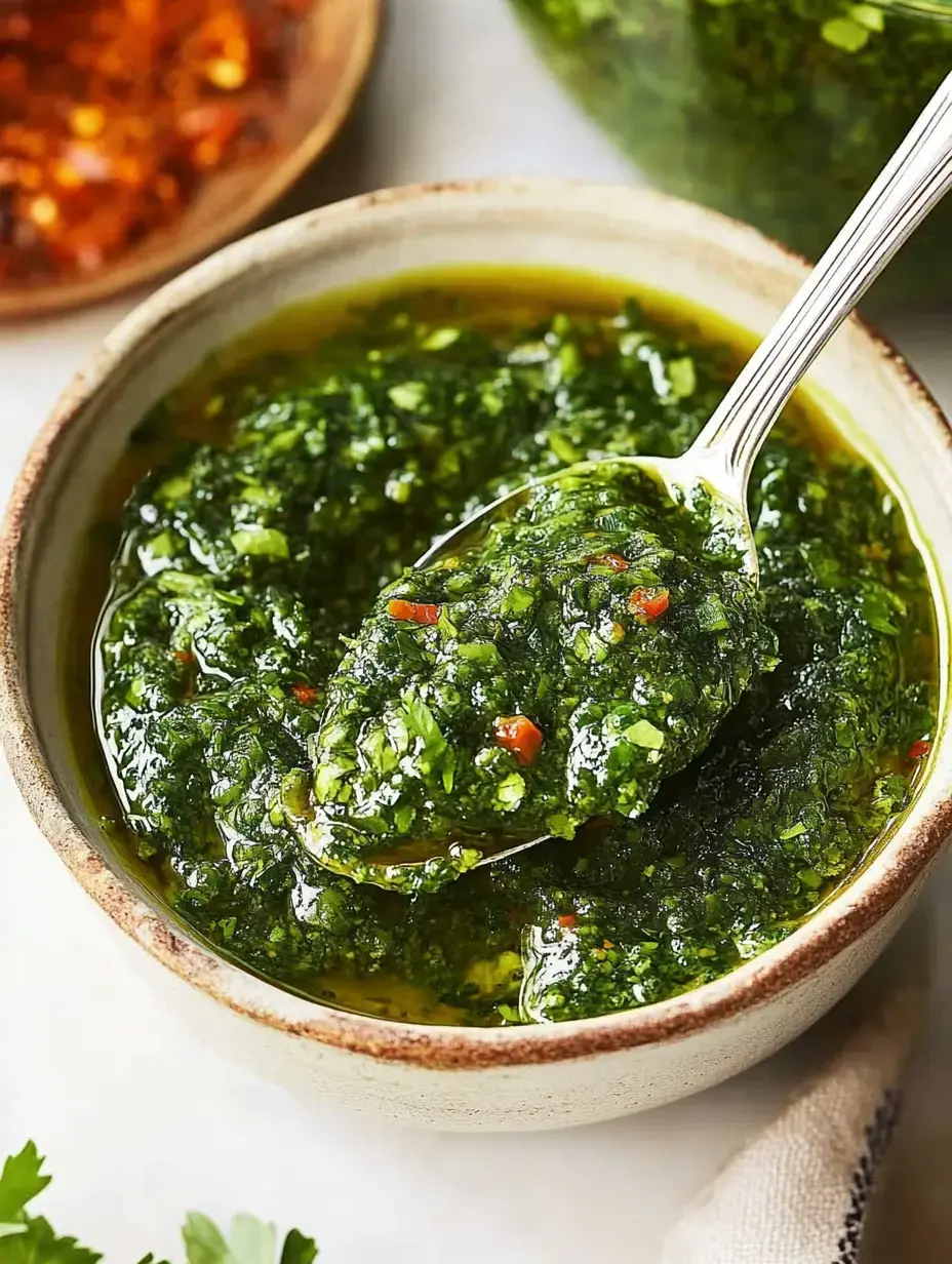 A close-up of a bowl filled with green chimichurri sauce, glistening with oil and garnished with herbs and spices.