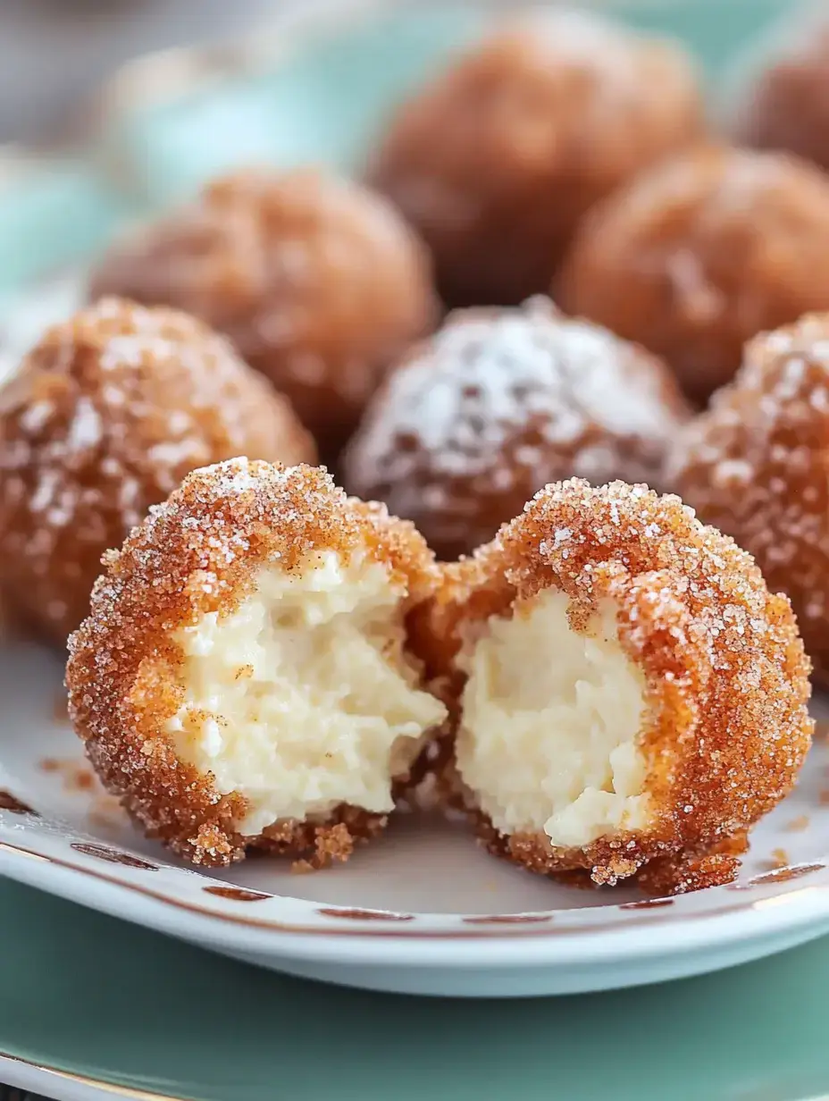 A close-up view of two deep-fried dough balls coated in sugar, revealing a creamy filling inside, with more similar treats blurred in the background.