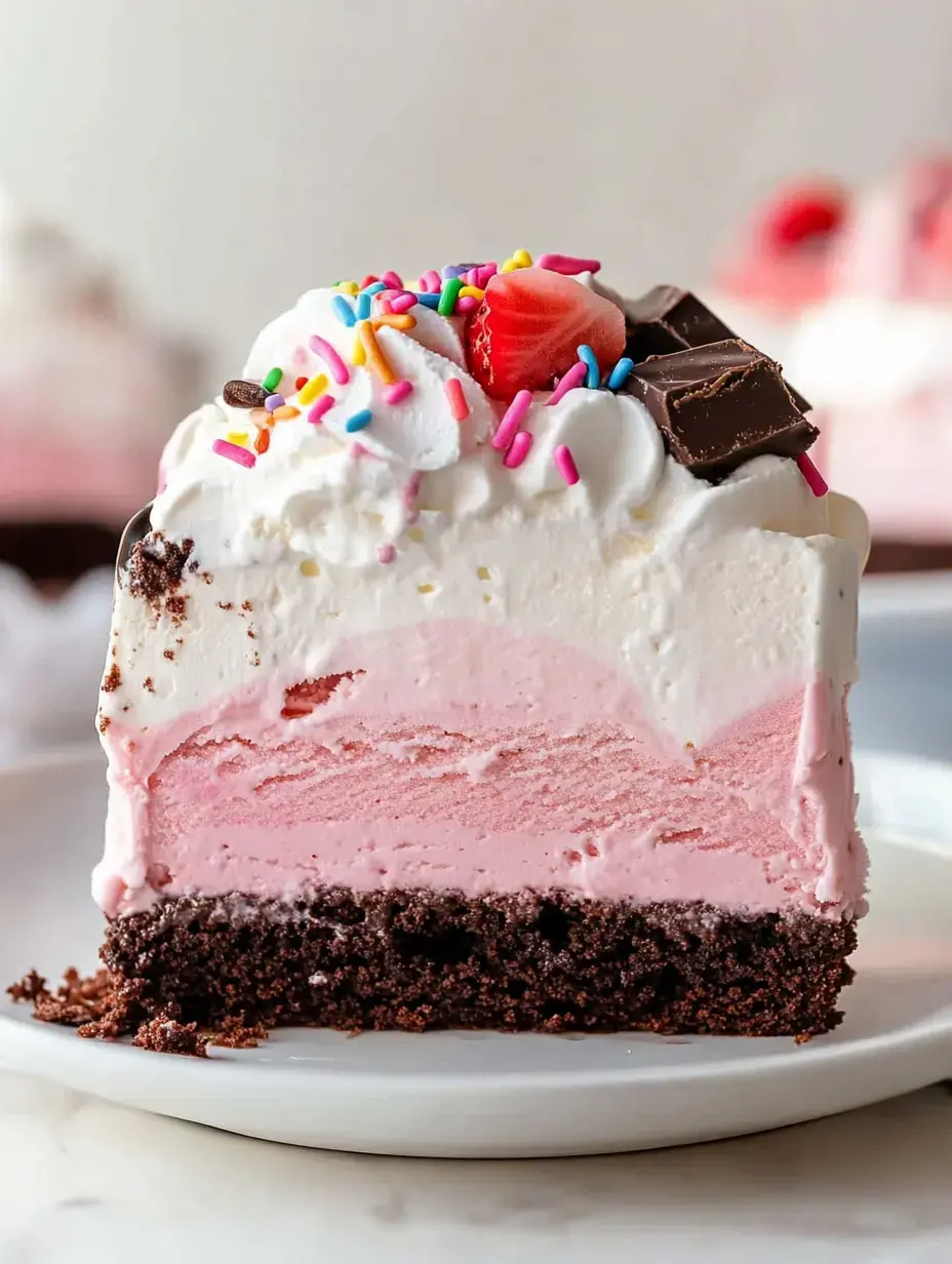 A slice of ice cream cake with layers of pink and white ice cream, topped with whipped cream, chocolate pieces, a strawberry, and colorful sprinkles, served on a white plate.