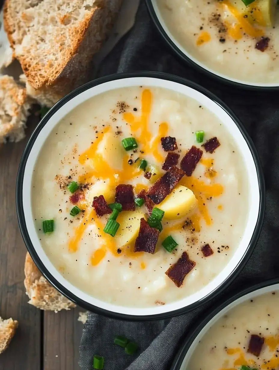 A close-up of bowls filled with creamy soup topped with cheddar cheese, bacon pieces, green onions, and accompanied by slices of bread.