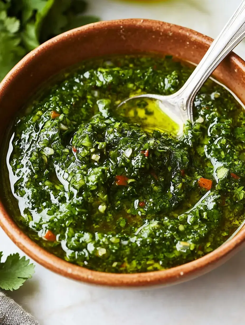 A small brown bowl filled with vibrant green sauce, garnished with herbs and a silver spoon.