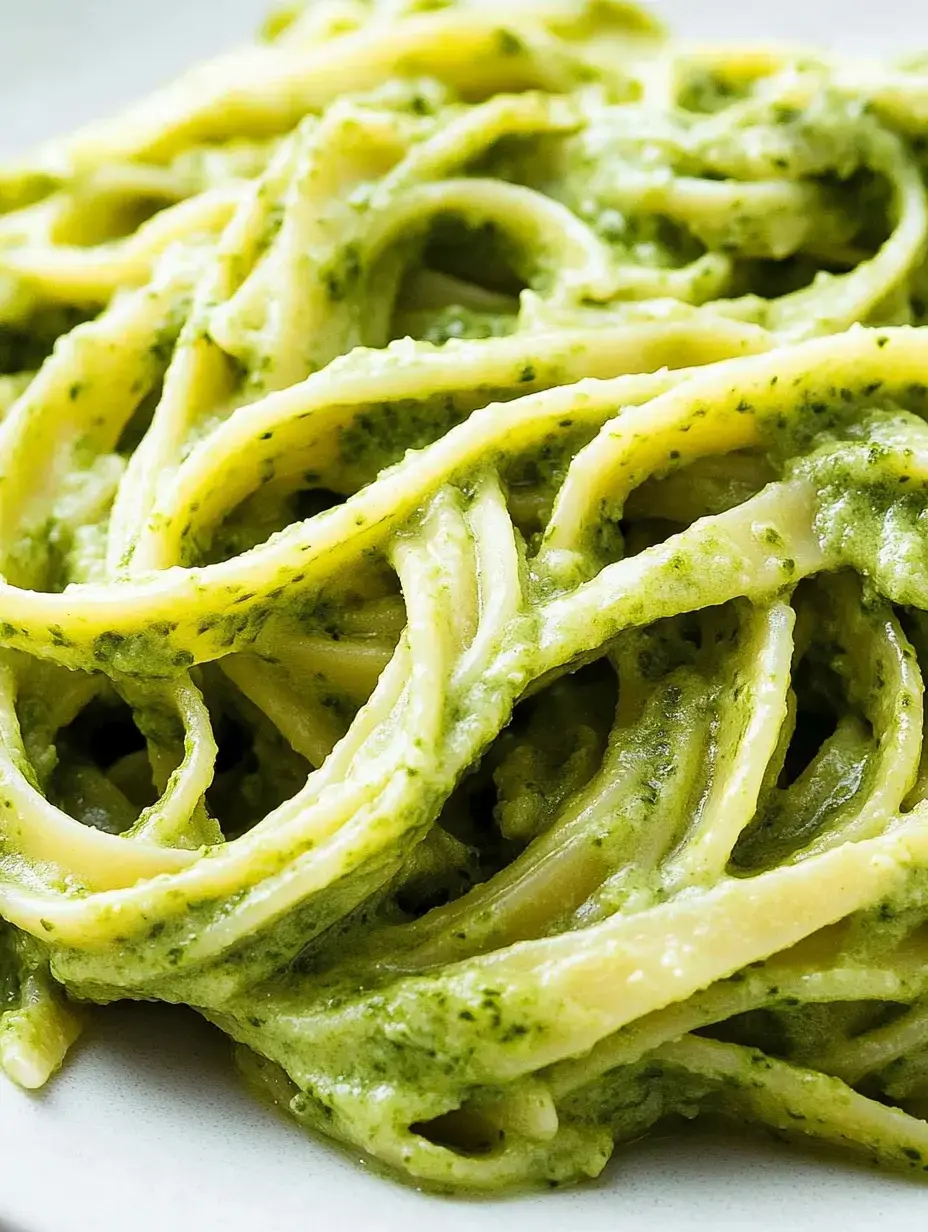 A close-up of creamy pasta coated in vibrant green pesto sauce.