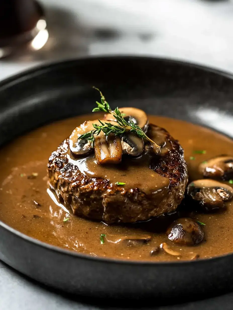 A succulent beef patty topped with sautéed mushrooms and thyme, served in a rich brown gravy.