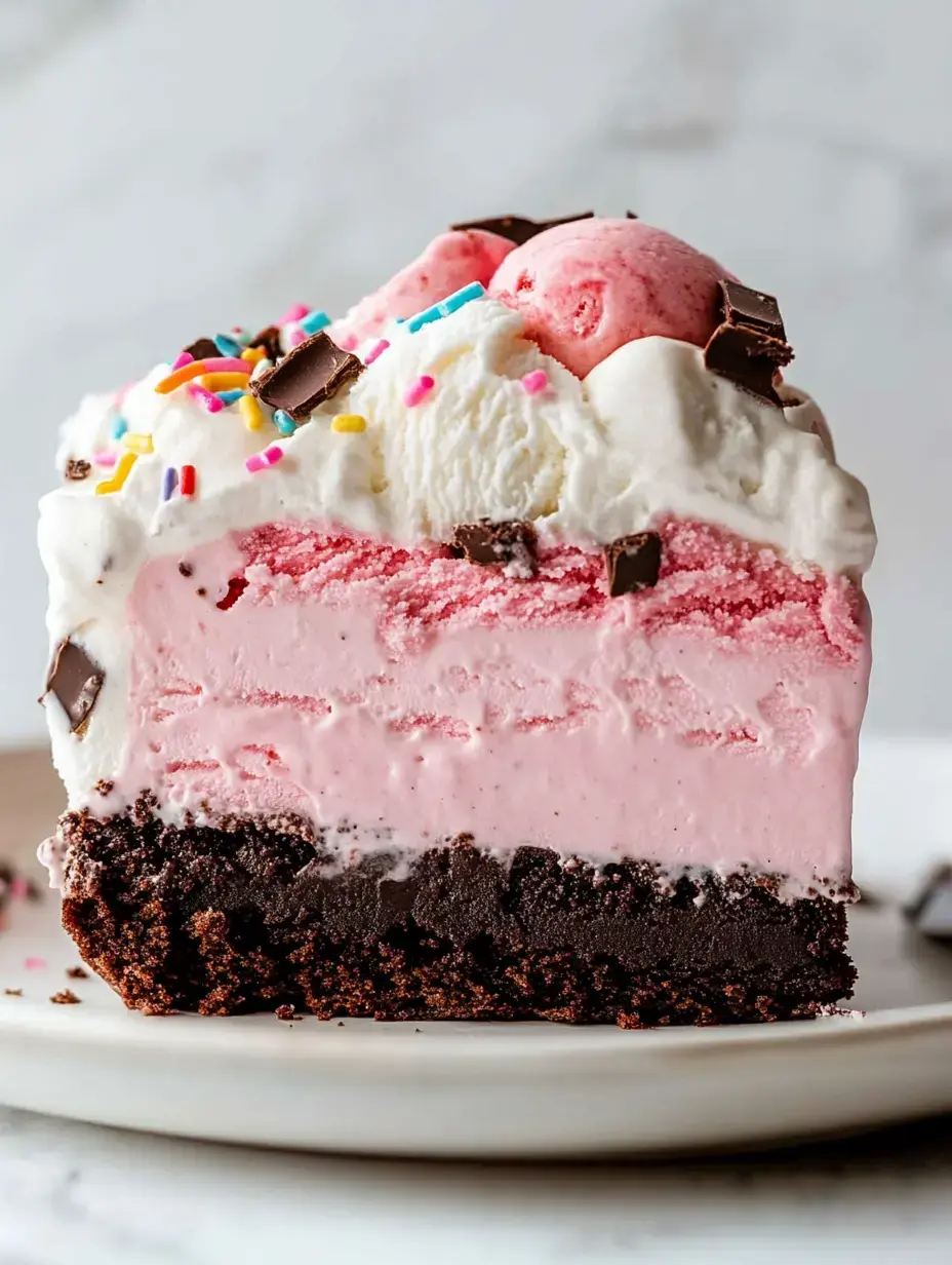 A slice of layered dessert featuring chocolate crust, pink ice cream, and whipped cream topped with sprinkles and chocolate pieces.