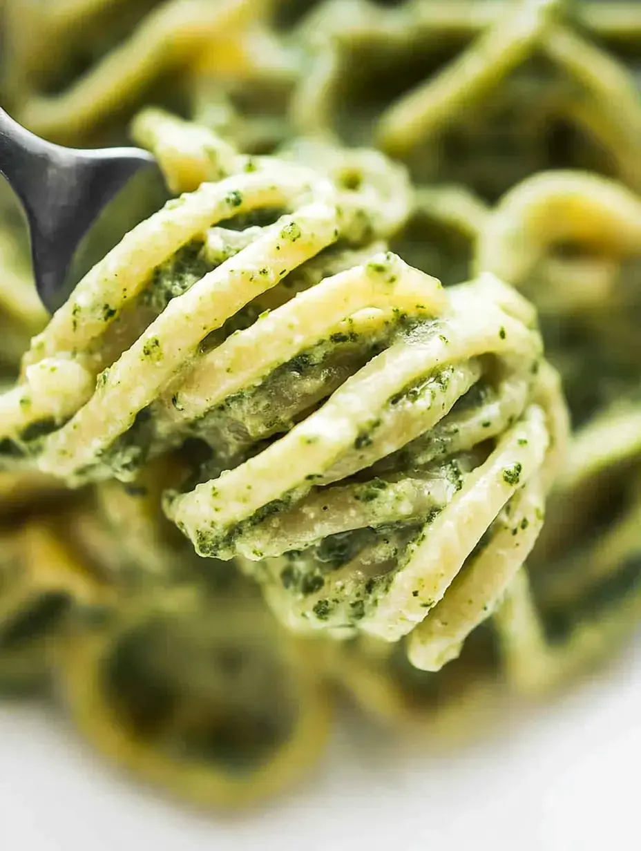 A fork holds a serving of pasta coated in a green pesto sauce, with more pasta visible in the background.