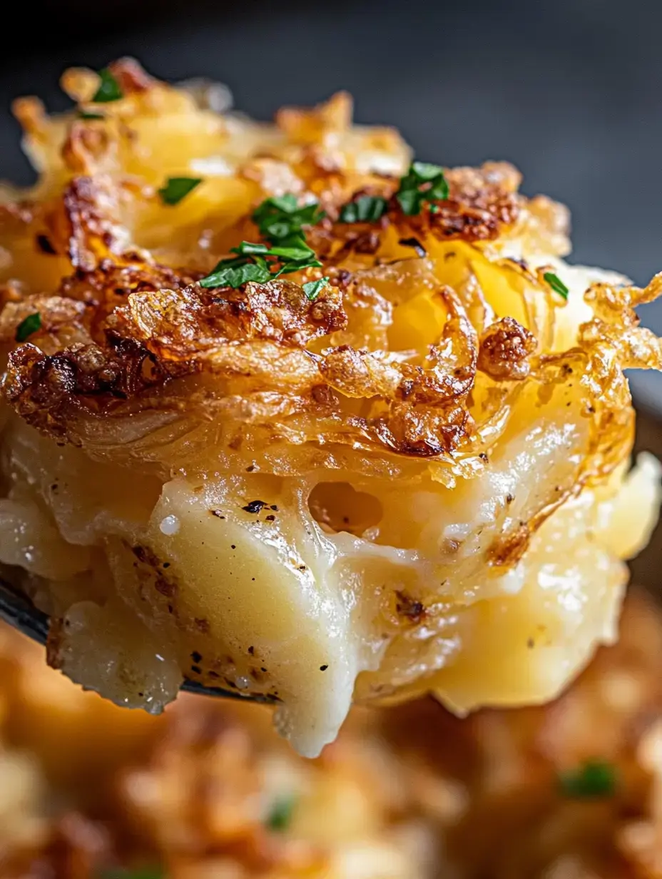 A close-up image of a spoonful of creamy macaroni and cheese topped with crispy, golden-brown layers and sprinkled with fresh parsley.