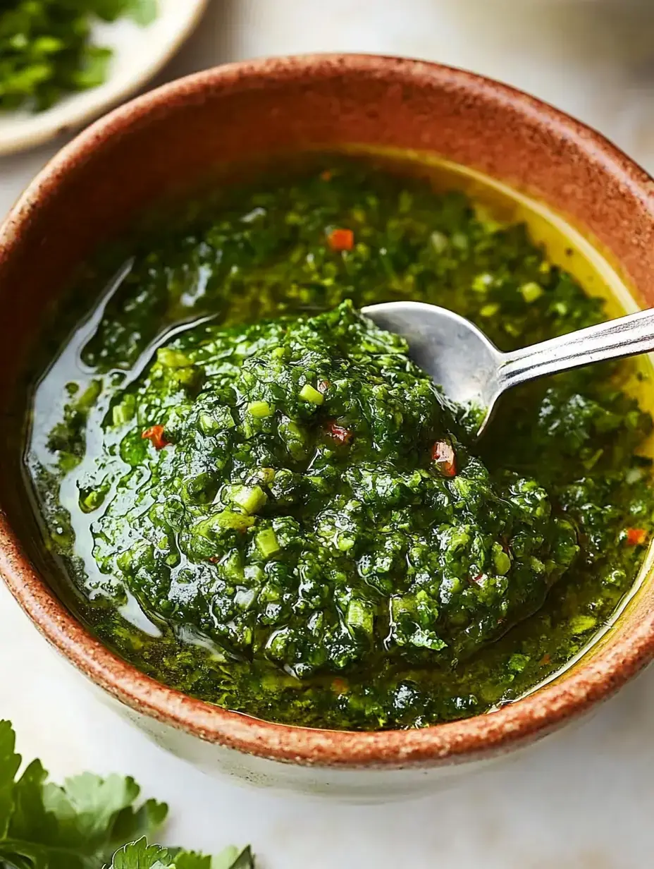 A bowl of vibrant green chimichurri sauce with herbs and spices is shown, accompanied by a spoon resting inside.