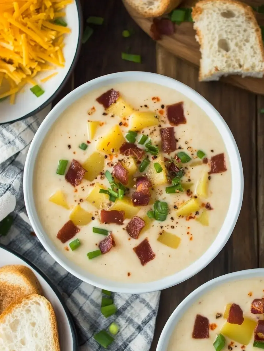 A bowl of creamy potato soup topped with diced potatoes, bacon, green onions, and spices, accompanied by slices of bread and shredded cheese on the side.