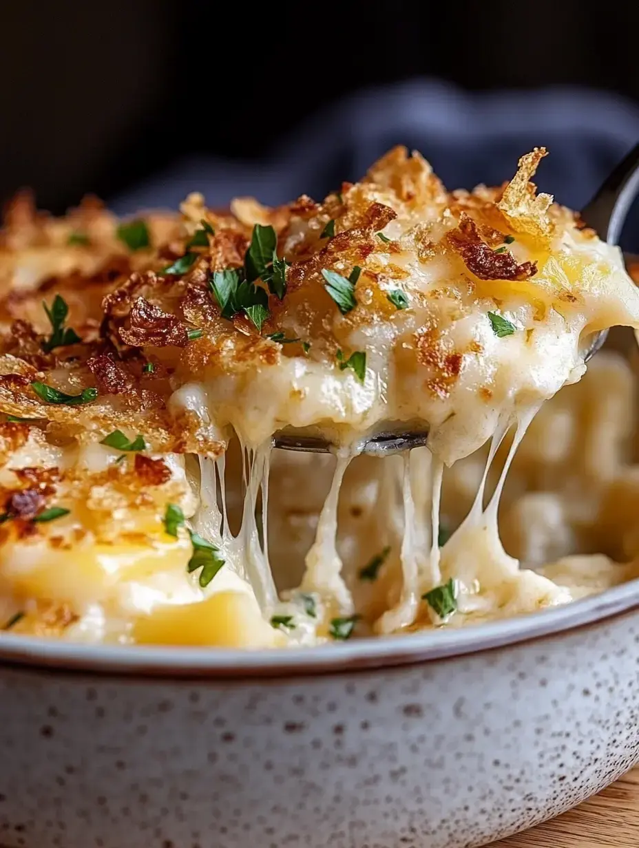 A close-up of a creamy, cheesy dish with pasta, topped with golden-brown crispy breadcrumbs and fresh parsley.