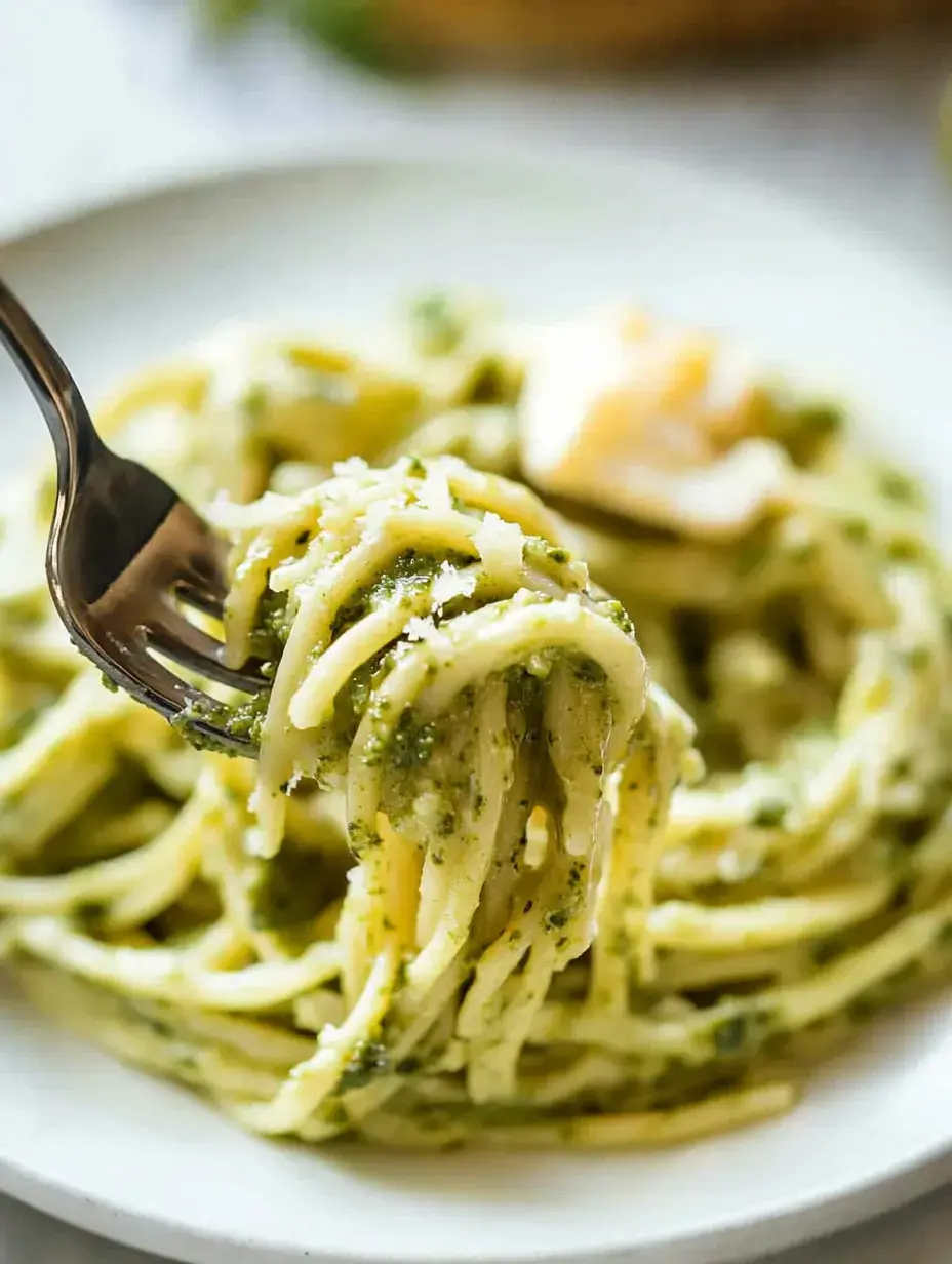 A fork lifts a serving of green pesto pasta on a white plate, garnished with cheese.