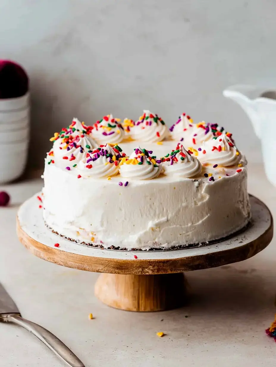 A round white cake topped with colorful sprinkles and decorative swirls of frosting sits on a wooden cake stand.