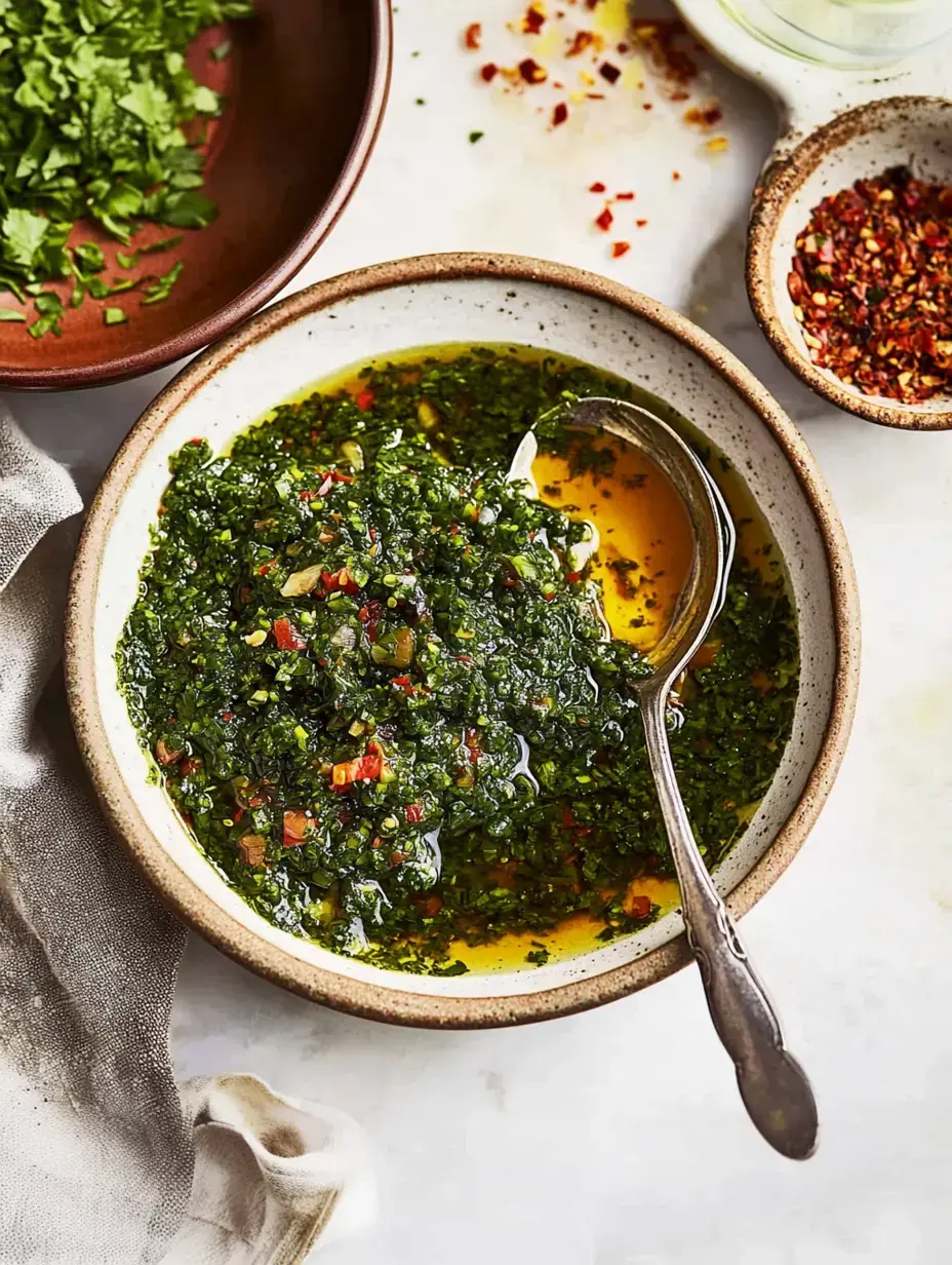 A bowl of vibrant green sauce with herbs and spices, accompanied by freshly chopped cilantro and red pepper flakes.