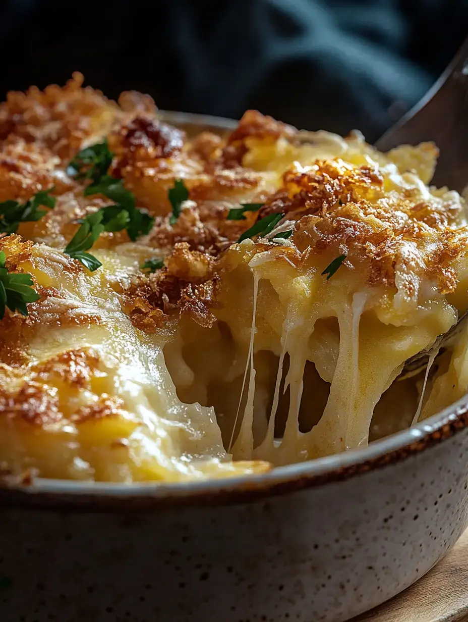 A close-up image of a creamy, cheesy baked pasta dish topped with crispy breadcrumbs and fresh parsley.