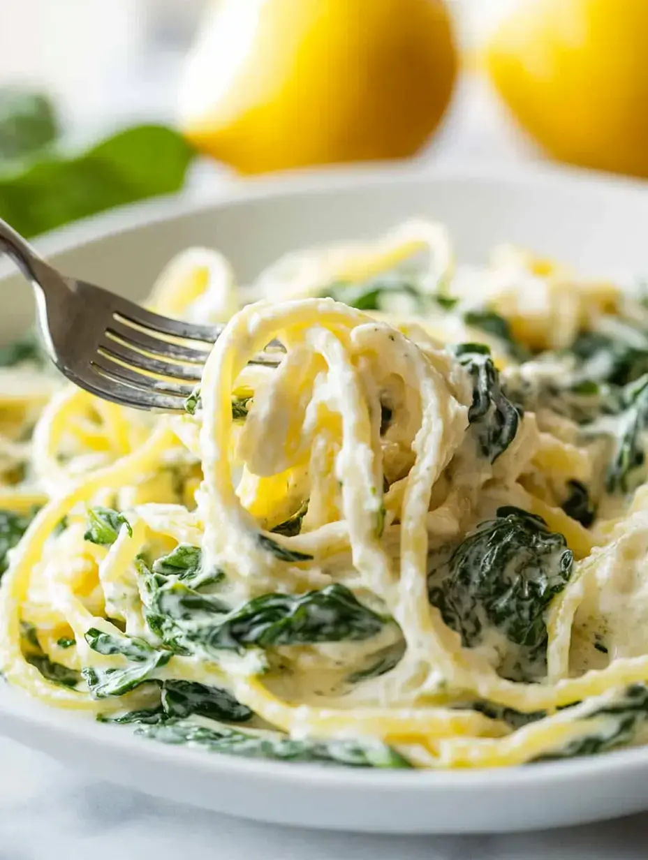 A fork twirls creamy spinach pasta with lemon in a white bowl, with lemons blurred in the background.