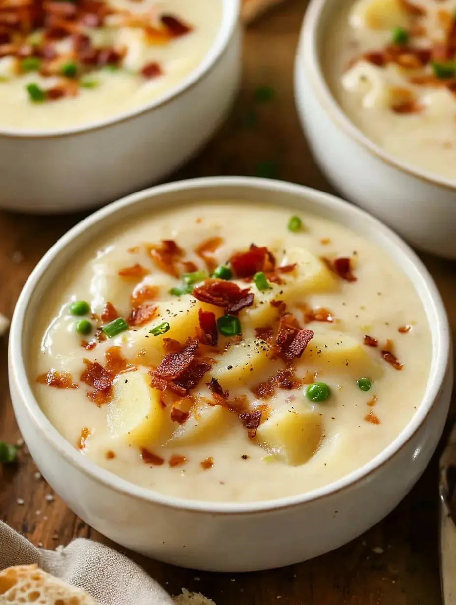 A creamy potato soup topped with crispy bacon and green onions, served in white bowls on a wooden surface.