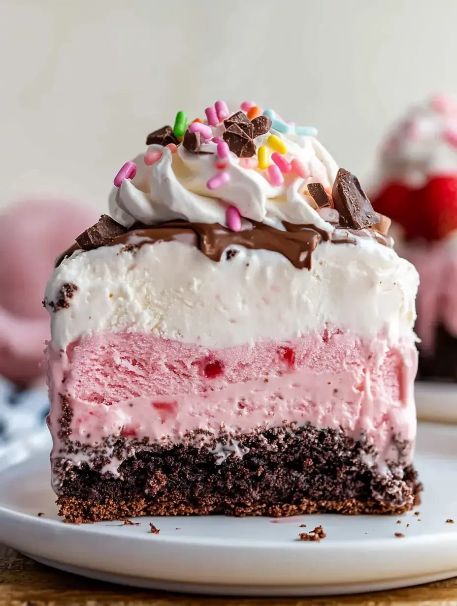 A close-up of a layered ice cream cake featuring chocolate crust, strawberry ice cream, vanilla ice cream, and topped with whipped cream, chocolate chunks, and colorful sprinkles.