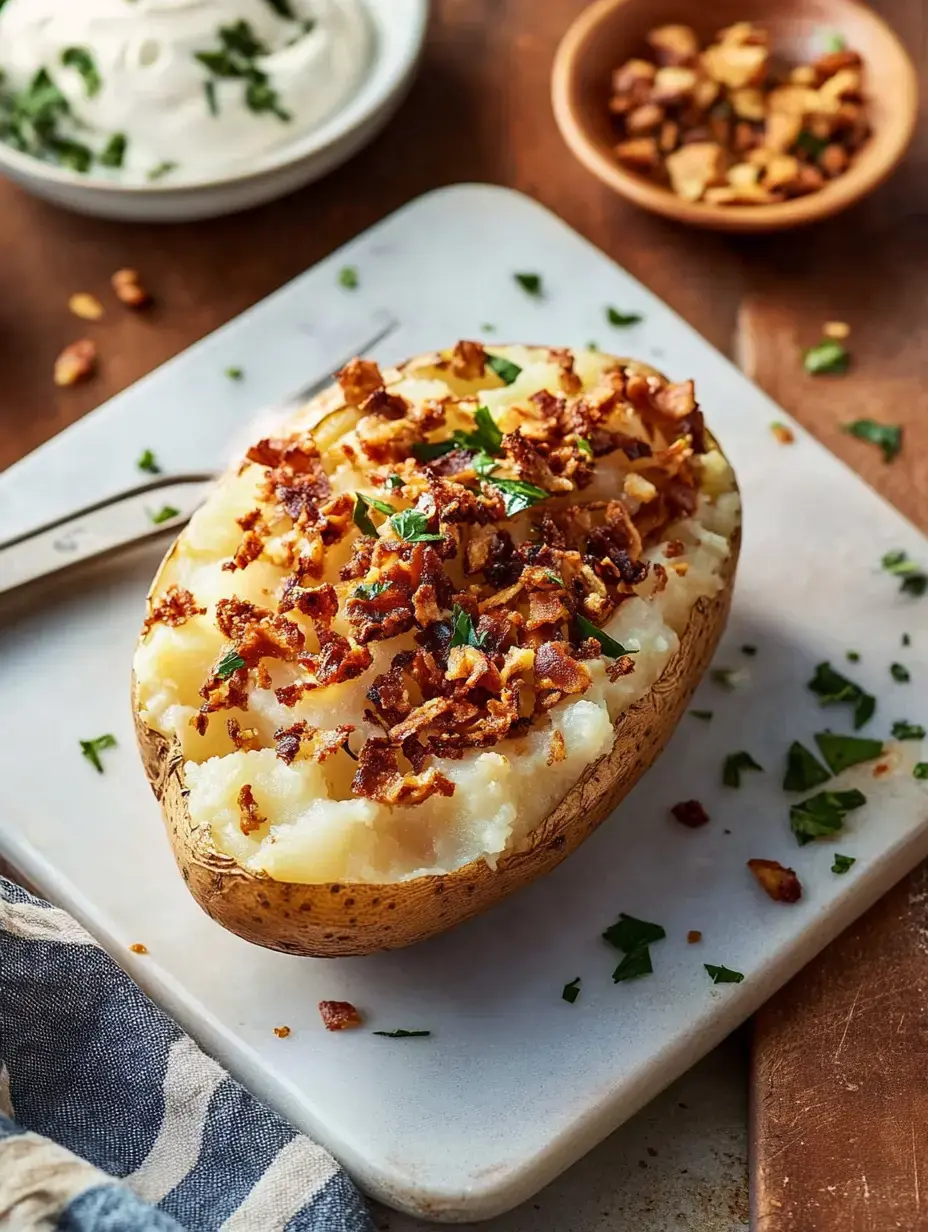 A baked potato topped with crispy bacon bits and fresh parsley, served on a white cutting board with additional toppings in the background.